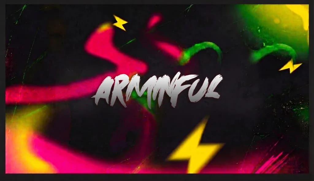 Arminful graffiti wordmark with magenta, green, and yellow light on a dark textured background