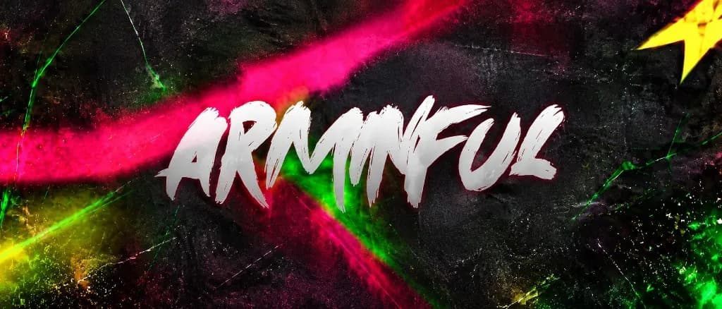 Arminful graffiti wordmark on a dark textured background with magenta and green light