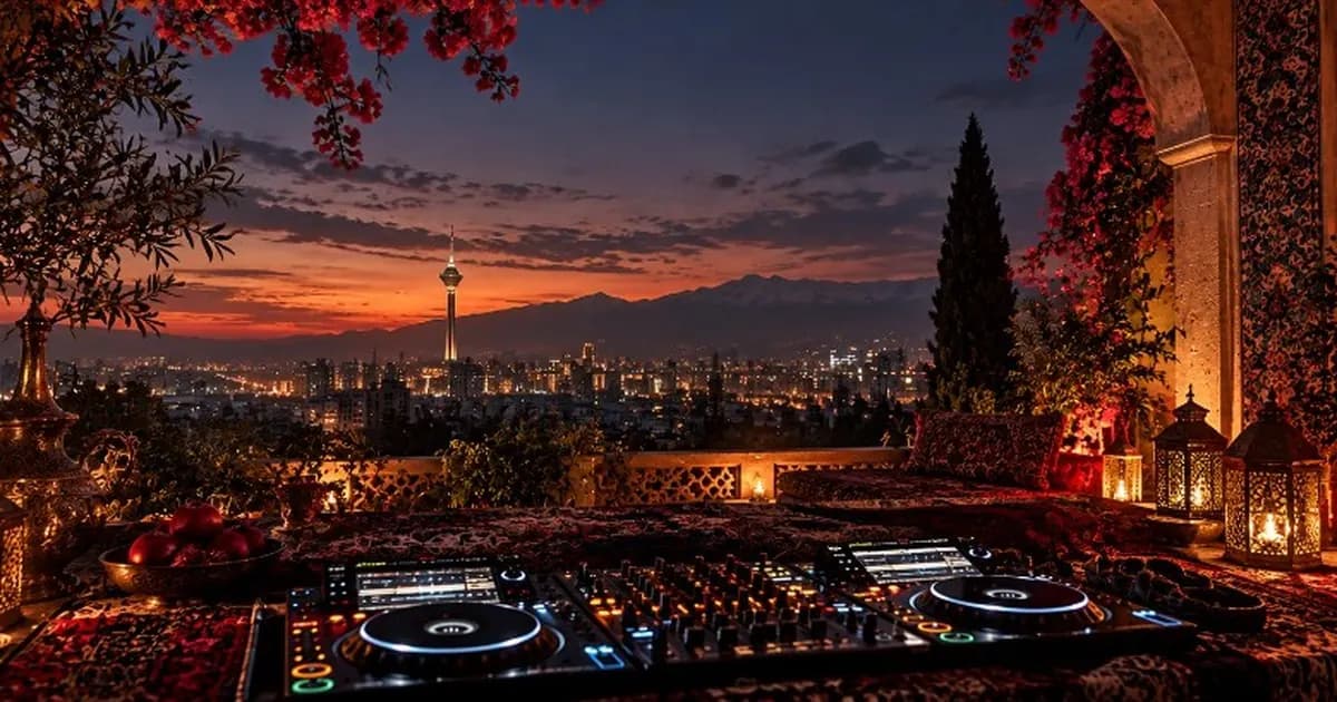 DJ decks on a terrace at dusk, looking out over a city skyline